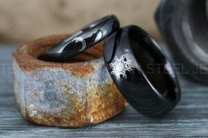 Sun and Moon Rings, Couple Rings, 2 Piece Couple Set Black Tungsten Bands, Matching Wedding Rings, Sun and Moon Wedding Bands, Sun Ring