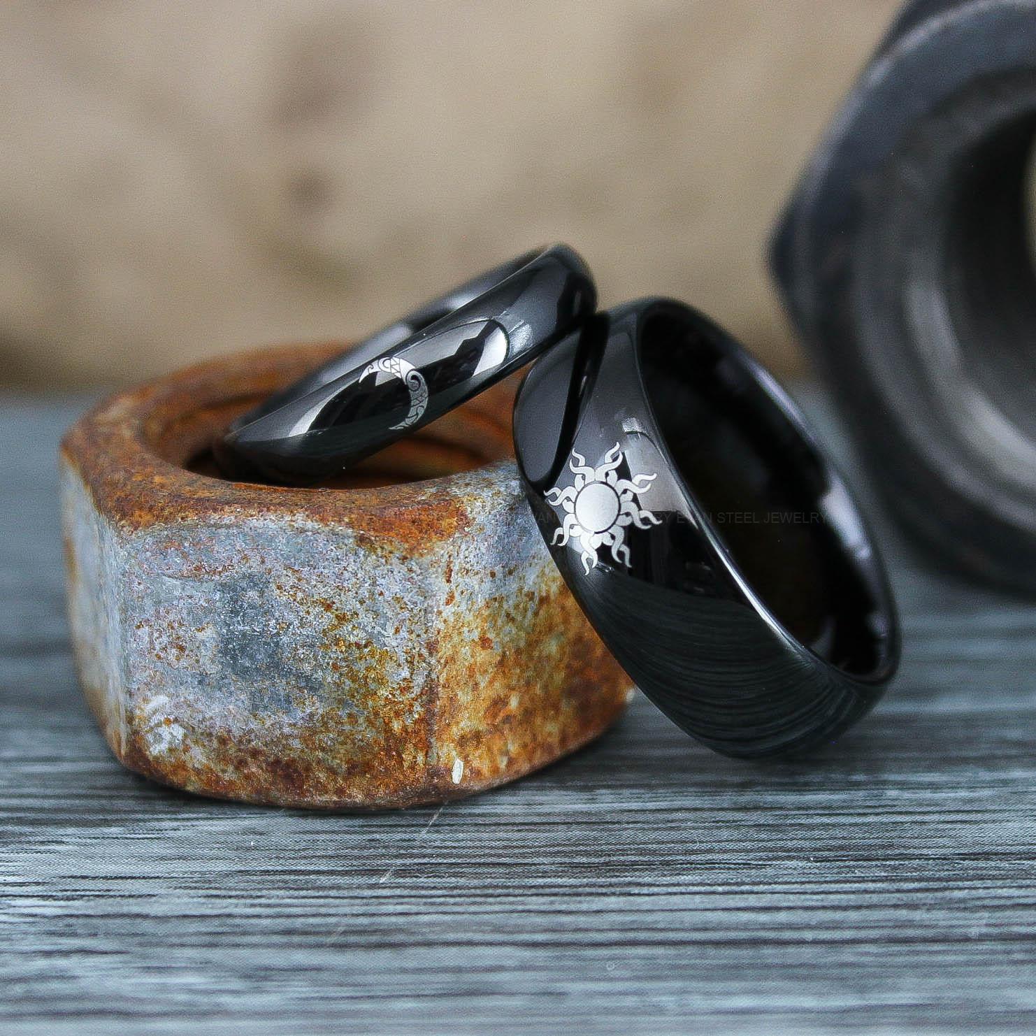 IMG_0621 Sun and Moon Rings, Couple Rings, 2 Piece Couple Set Black Tungsten Bands, Matching Wedding Rings, Sun and Moon Wedding Bands, Sun Ring - Image 1