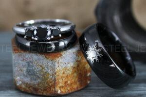 Sun and Moon Rings, Couple Rings, 3 Piece Couple Set Black Tungsten Bands, Matching Wedding Rings, Sun and Moon Wedding Bands, Sun Ring
