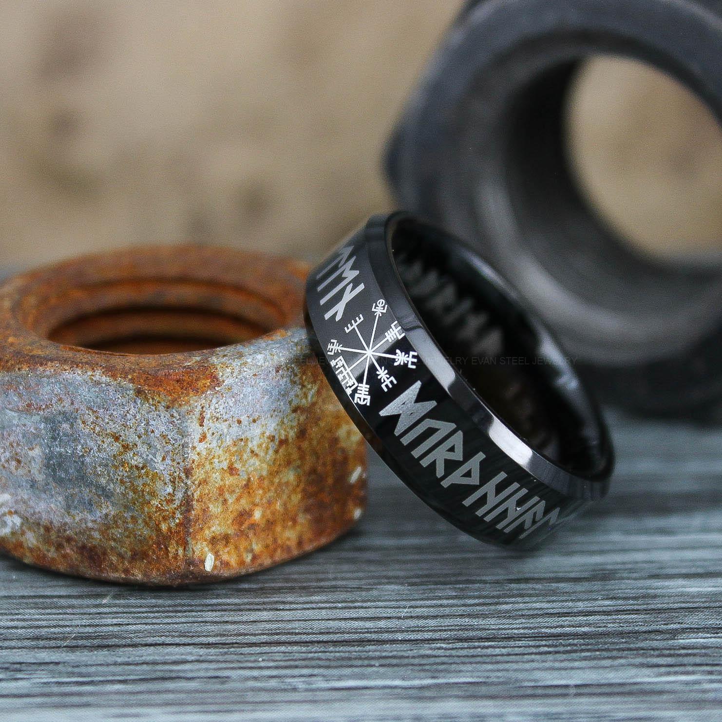 IMG_0636 Vegvisir Rings, Vikings Rings, Viking Runes Rings, Norsemen Rings, Nordic Runes Rings, Black Tungsten Bands, Black Wedding Rings, Black Wedding Bands - Image 1