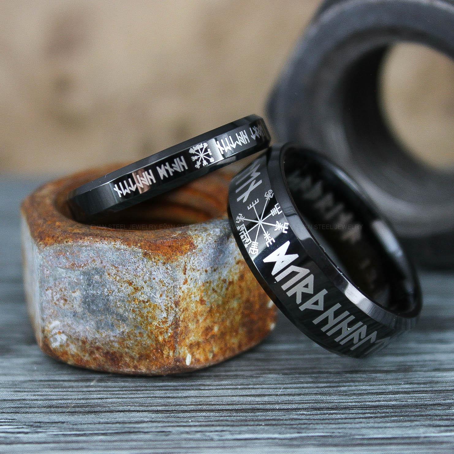 IMG_0637 Vegvisir Rings, Vikings Rings, Viking Runes Rings, Norsemen Rings, Nordic Runes Rings, Black Tungsten Bands, Black Wedding Rings, Black Wedding Bands - Image 1