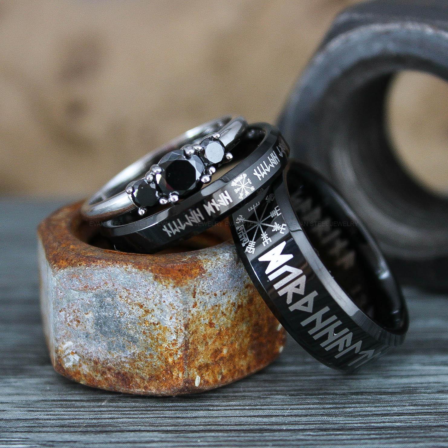 IMG_0639 Vegvisir Rings, Vikings Rings, Viking Runes Rings, Norsemen Rings, Nordic Runes Rings, Black Tungsten Bands, Black Wedding Rings, Black Wedding Bands - Image 1