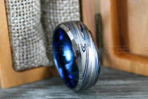 Damascus Steel Ring, Damascus Steel Wedding Ring, Damascus Steel Wedding Band, Blue Wedding Ring, Blue Damascus Steel Wedding Ring
