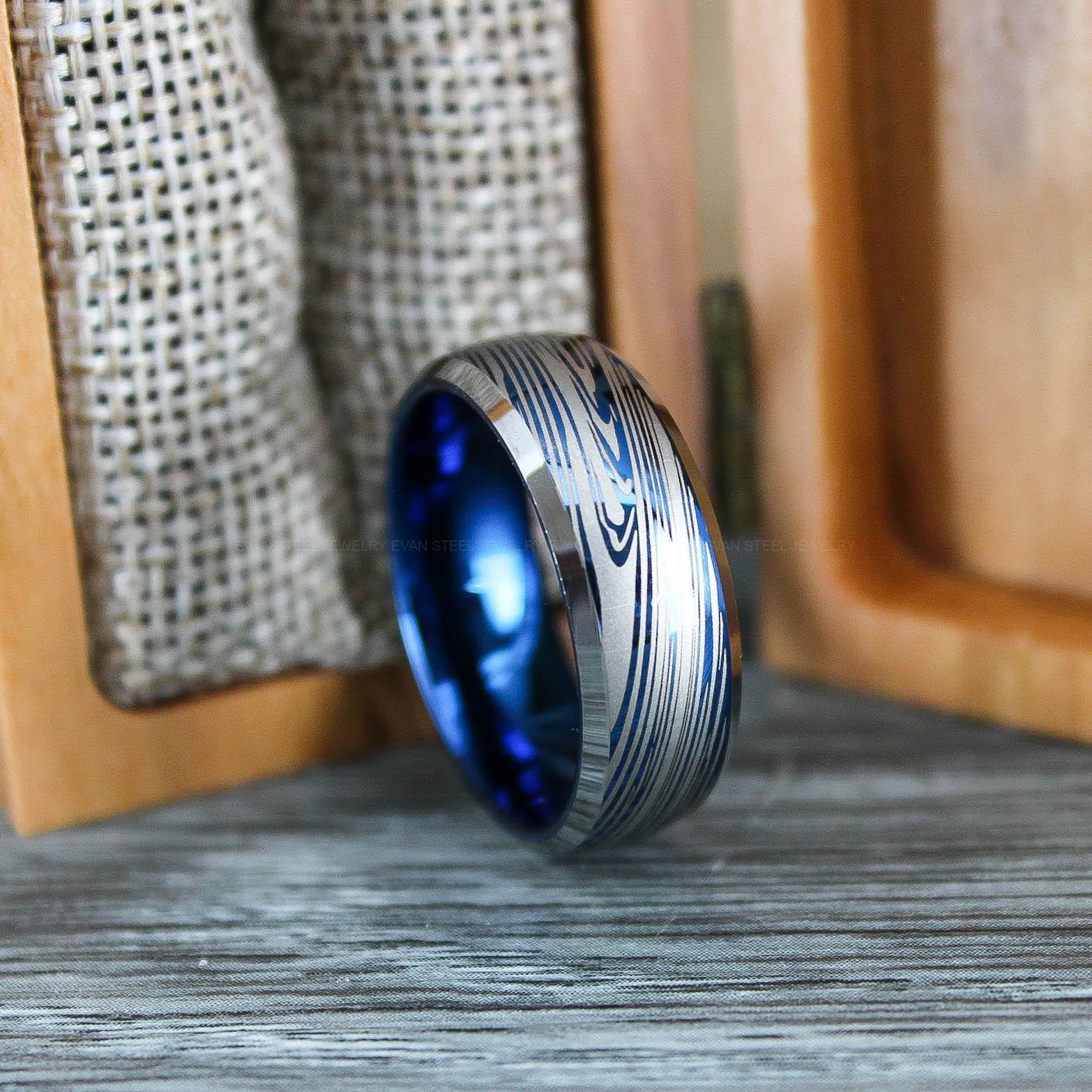 IMG_0659 Damascus Steel Ring, Damascus Steel Wedding Ring, Damascus Steel Wedding Band, Blue Wedding Ring, Blue Damascus Steel Wedding Ring - Image 1