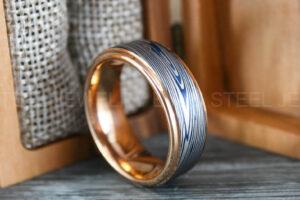 Damascus Steel Ring, Damascus Steel Wedding Ring, Damascus Steel Wedding Band, Rose Gold Wedding Ring, Rose Gold Damascus Steel Wedding Ring