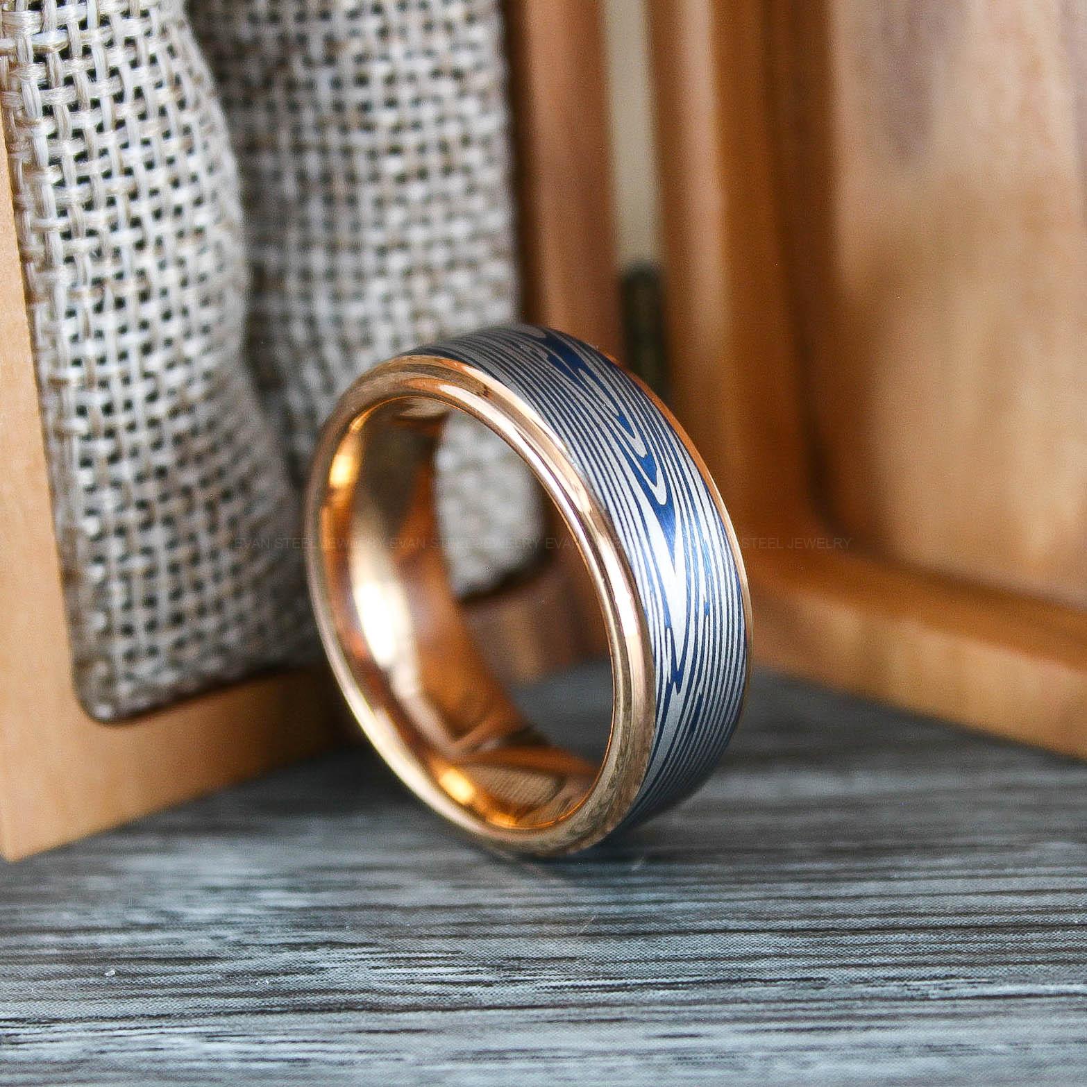 IMG_0660 Damascus Steel Ring, Damascus Steel Wedding Ring, Damascus Steel Wedding Band, Rose Gold Wedding Ring, Rose Gold Damascus Steel Wedding Ring - Image 1