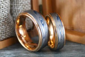 Damascus Steel Rings, Damascus Steel Wedding Rings, Damascus Steel Wedding Band, Rose Gold Wedding Rings, Rose Gold Damascus Steel Wedding Rings