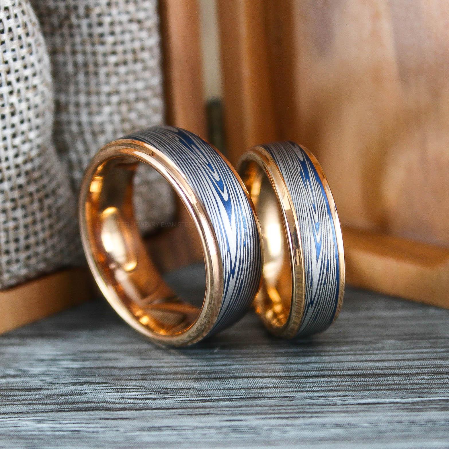 IMG_0661 Damascus Steel Rings, Damascus Steel Wedding Rings, Damascus Steel Wedding Band, Rose Gold Wedding Rings, Rose Gold Damascus Steel Wedding Rings - Image 1