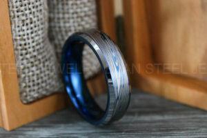 Damascus Steel Ring, Damascus Steel Wedding Ring, Damascus Steel Wedding Band, Blue Wedding Ring, Blue Damascus Steel Wedding Ring