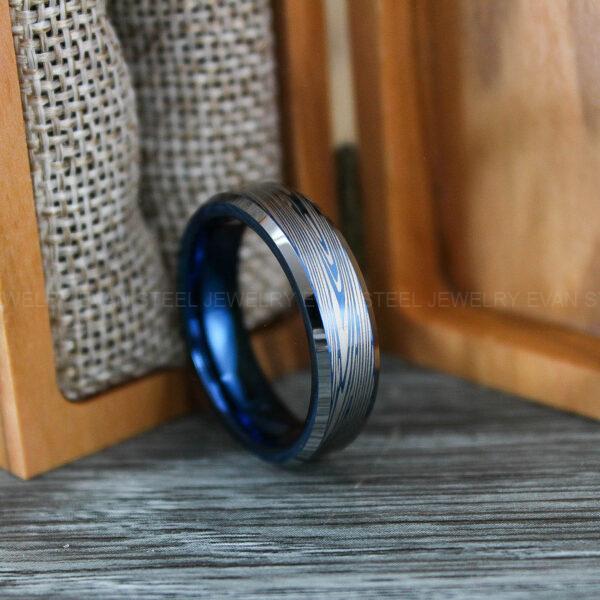 Damascus Steel Ring, Damascus Steel Wedding Ring, Damascus Steel Wedding Band, Blue Wedding Ring, Blue Damascus Steel Wedding Ring