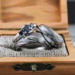 Damascus Steel Rings, Damascus Steel Wedding Rings, 3 Piece Couple Set Black Tungsten Bands .925 Sterling Silver Stone Engagement Ring