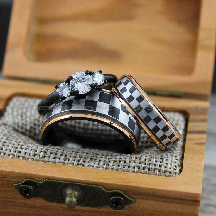 a3d6c47c5ab7a52e8fe4584ff2326baa Racing Ring, Car Racing Ring, 3 Piece Couple Set Tungsten Bands, Matching Rings, Couple Ring Set, Couple Rings, Couple Jewelry, Black Rings - Image 1