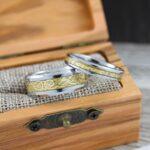 Couple Rings, Couple Wedding Rings, 2 Piece Couple Set Silver Tungsten Bands Yellow Carbon Fiber and Yellow Gold Dragon Inlay, Irish Rings