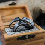Damascus Steel Rings, Damascus Steel Wedding Rings, 3 Piece Couple Set Black Tungsten Bands .925 Sterling Silver Stone Engagement Ring
