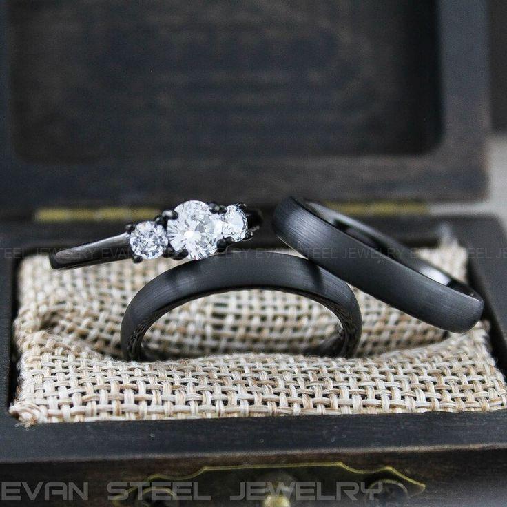 a90f09076bd4790a0e336c1e6c9899c3 Couple Rings, Couple Wedding Rings, 3 Piece Couple Set Black Tungsten Bands, 4mm Couple Wedding Bands, Matching Couple Rings Couple Jewelry - Image 1