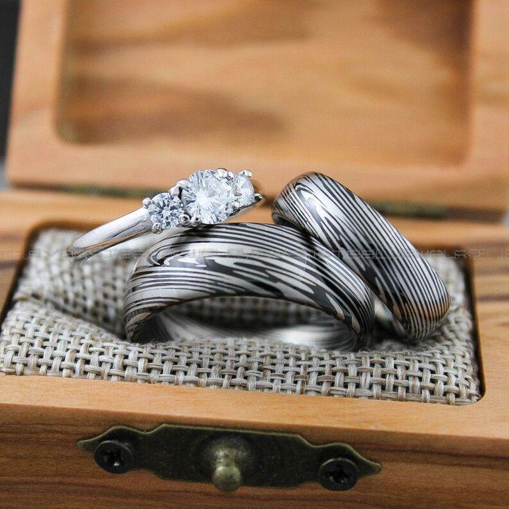 a953ac7f1fb7cbf274e1adea2c7e586f Damascus Steel Rings, Damascus Steel Wedding Rings, 3 Piece Couple Set Black Tungsten Bands .925 Sterling Silver Stone Engagement Ring - Image 1