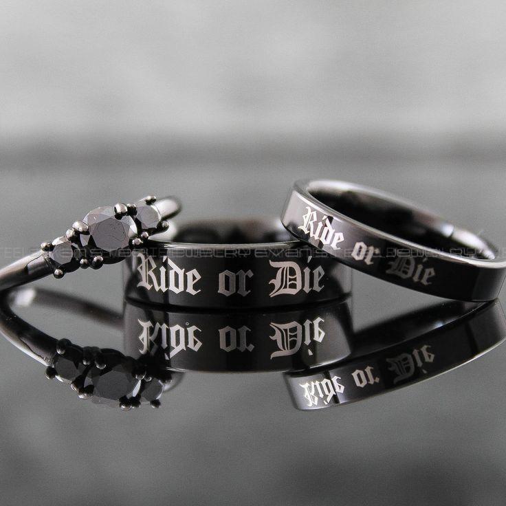 ab2526ddefce88401055265dd370bfe2 Ride or Die Rings, Ride or Die Wedding Rings, 3 Piece Couple Set Black Tungsten Bands, 3mm .925 Sterling Silver Three Stone Engagement Ring - Image 1