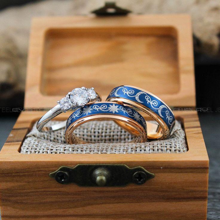 ab2594ab2322d8bf0554fe91eba0a412 Sun and Moon Rings, Couple Rings, 3 Piece Couple Set Rose Gold Tungsten Bands, Matching Wedding Rings, Sun and Moon Wedding Bands, Sun Ring - Image 1