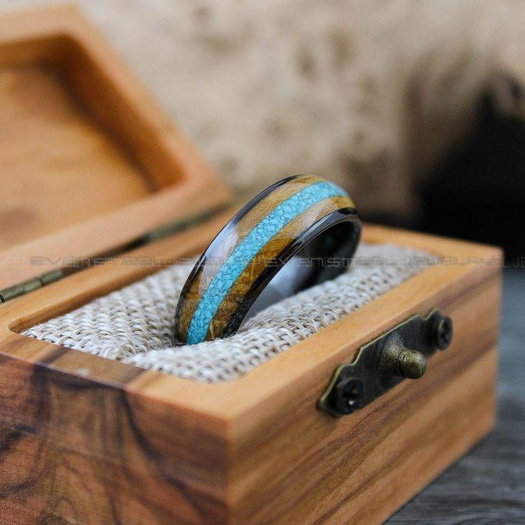 ab9c6d2b61682371160c3a150cccdf1d Turquoise Ring, Turquoise Wedding Ring, Turquoise Wedding Band, Black Wedding Ring, Black Tungsten Band, Whiskey Barrel Wood Ring - Image 1