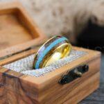 Turquoise Ring, Turquoise Wedding Ring, Turquoise Wedding Band, Yellow Gold Wedding Ring, Yellow Gold Tungsten Band, Whiskey Barrel Wood Ring - Image 4