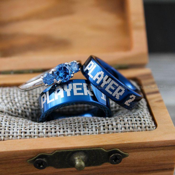 b216e1b7f8ceb74a32b20201bb800fa7 PLAYER 1 PLAYER 2 Rings, Couple Rings, 3 Piece Couple Set Blue Tungsten Bands, Gamer Wedding Rings, Gamer Bands, Blue Tungsten Gamer Rings - Image 1