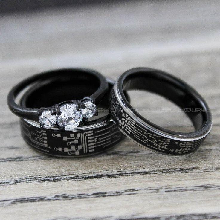 b5faaf1aa0f3715c13df177d31472c8a Gamer Rings, Circuit Board Rings, 3 Piece Couple Set Black Tungsten Bands Circuit Board Pattern, Gamer Wedding Rings, Couple Wedding Bands - Image 1