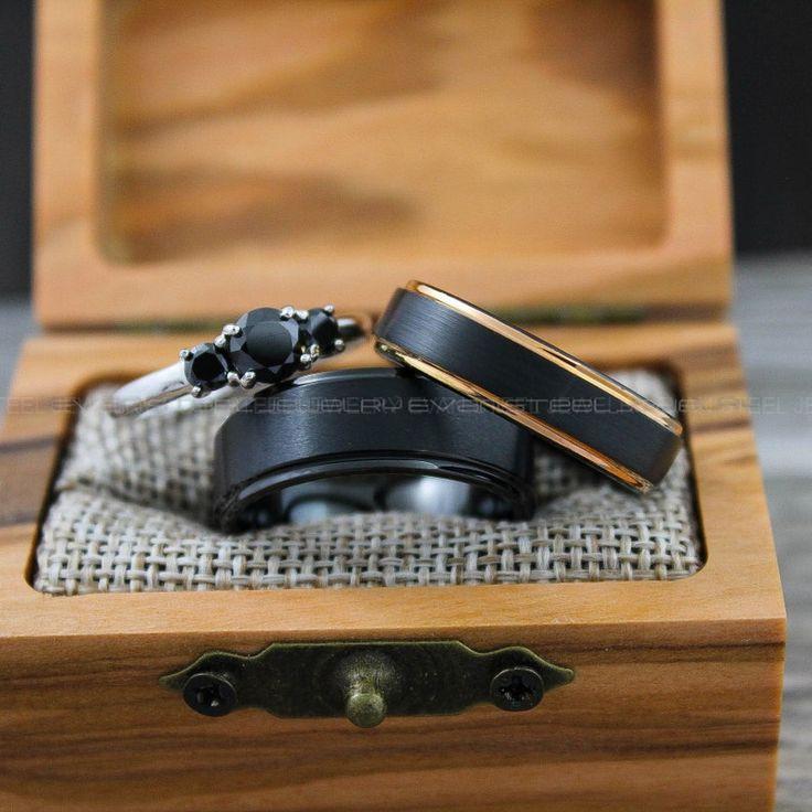 b67ca5324ff8f62d0ef5c60586fb0e89 Couple Rings, Couple Wedding Bands, Matching Couple Rings, 3 Piece Wedding Ring Set, Black Wedding Rings, Black Wedding Bands, Bridal Rings - Image 1