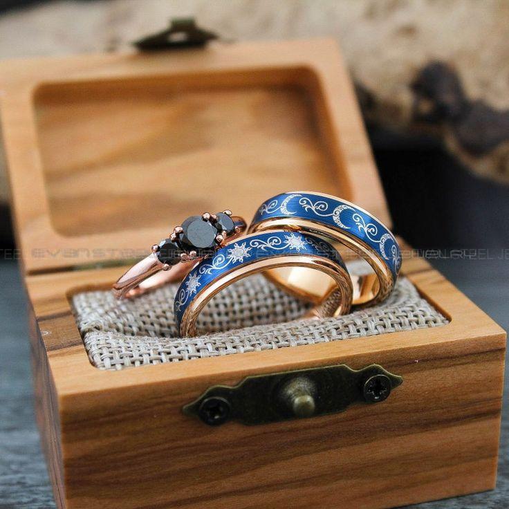 b7616920829602ca07041339069c2a94 Sun and Moon Rings, Couple Rings, 3 Piece Couple Set Rose Gold Tungsten Bands, Matching Wedding Rings, Sun and Moon Wedding Bands, Sun Ring - Image 1