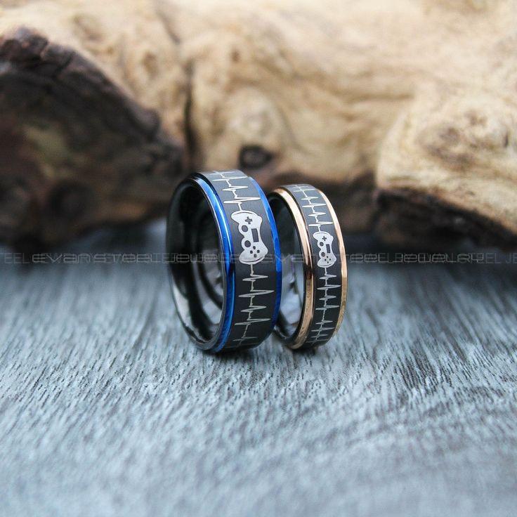 b7b849ae8a3ef2a195afa251d17520f6 Gamer Rings, Couple Rings, 2 Piece Couple Set Black Tungsten Bands with Step Edge, Gamer Wedding Rings Gamer Bands Black Tungsten Gamer Ring - Image 1