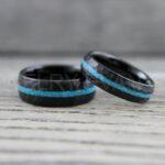 Turquoise Rings, Black Wedding Rings, 3 Piece Couple Set Black Tungsten Bands Hammered Finish and Turquoise Inlay, Black Wedding Rings - Image 5