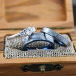 Damascus Steel Rings, Damascus Steel Wedding Rings, 3 Piece Couple Set Blue Tungsten Bands .925 Sterling Silver Stone Engagement Ring
