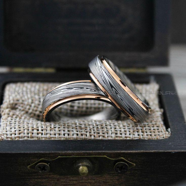 ba7668448209ab81ffcc0cfcad6744d2 Damascus Steel Rings, Damascus Steel Wedding Rings, 2 Piece Couple Set Black Tungsten Bands - Image 1