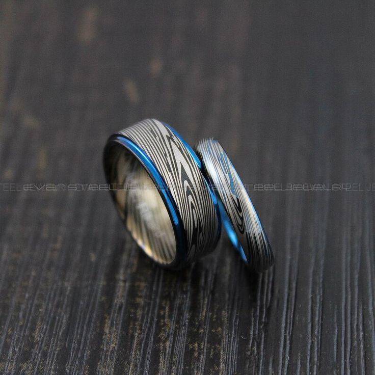 bae3369b6f06cfee9be6f2f8792b9271 Damascus Steel Rings, Damascus Steel Wedding Rings, 2 Piece Couple Set Black Tungsten Bands - Image 1