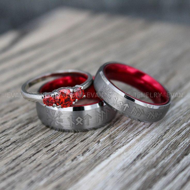 be8b99f12b566ca29f4c4d13cc2a2ac3 Couple Rings, Vikings Rings, Viking Runes Rings, Nordic Jewelry, Norsemen Rings, Nordic Runes Rings, Silver Wedding Bands, Red Wedding Rings - Image 1