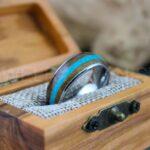 Turquoise Ring, Turquoise Wedding Ring, Turquoise Wedding Band, Silver Wedding Ring, Silver Tungsten Band, Whiskey Barrel Wood Ring - Image 6