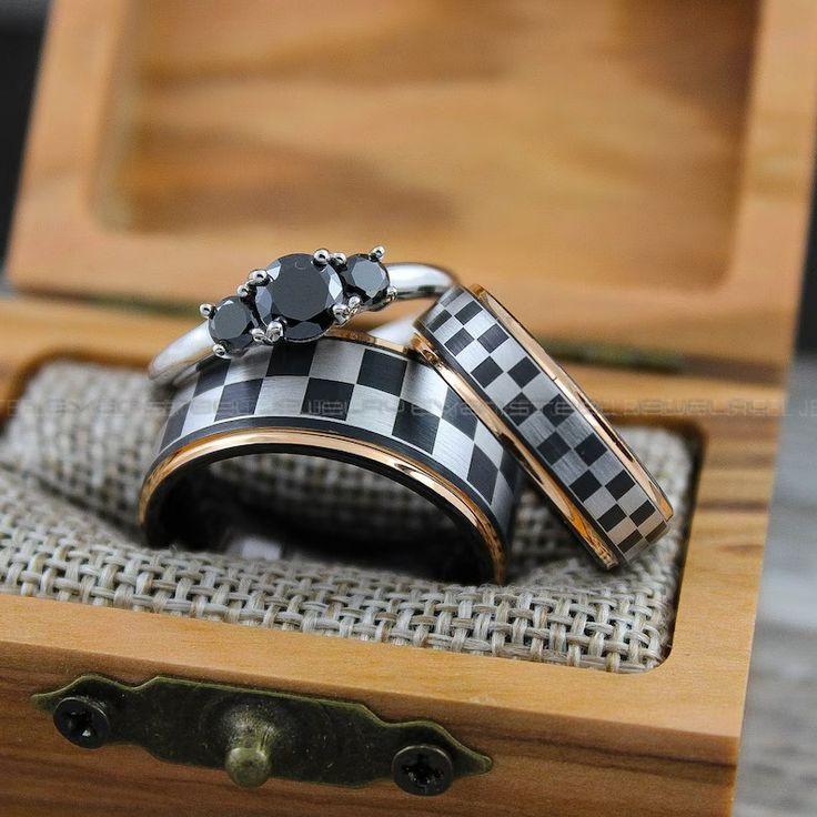 c2a6fd263fe238131c0a1cf8c847eda9 Racing Ring, Car Racing Ring, 3 Piece Couple Set Tungsten Bands, Matching Rings, Couple Ring Set, Couple Rings, Couple Jewelry, Black Rings - Image 1