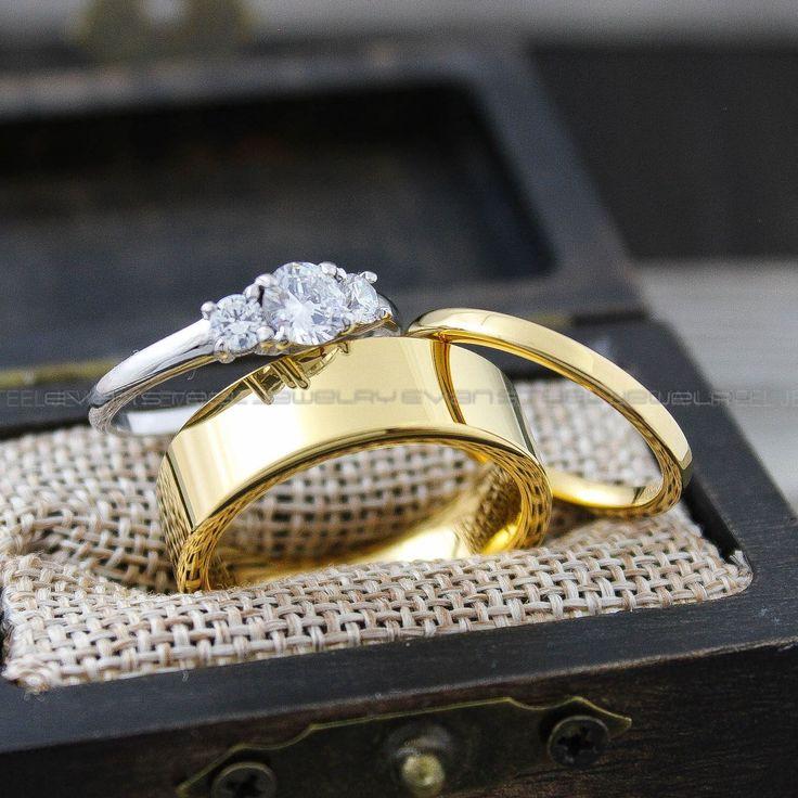 c3d7bb27a2c117b66e4b60d295dba9c7 Couple Rings, Couple Wedding Rings, 3 Piece Couple Set Yellow Gold Tungsten Bands, 2mm Wedding Bands, Couple Wedding Bands, Matching Rings - Image 1