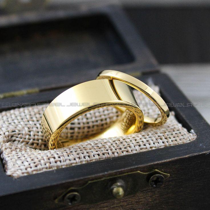 c662a967e1608be683fde263dc2c8d2d Couple Rings, Couple Wedding Rings, 2 Piece Couple Set Yellow Gold Tungsten Bands, Couple Wedding Bands, Matching Rings - Image 1