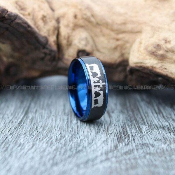 Cowboys Ring, Cowboy Wedding Ring, Cowboys Wedding Band, Blue Tungsten Wedding Band, Praying Cowboy Praying Cowgirl Praying Horse Design