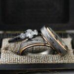 Damascus Steel Rings, Damascus Steel Wedding Rings, 3 Piece Couple Set Black Tungsten Bands .925 Sterling Silver Three Stone Engagement Ring