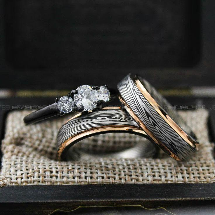 cca3996b6a7cd17eb9e886fe89436b8d Damascus Steel Rings, Damascus Steel Wedding Rings, 3 Piece Couple Set Black Tungsten Bands .925 Sterling Silver Three Stone Engagement Ring - Image 1