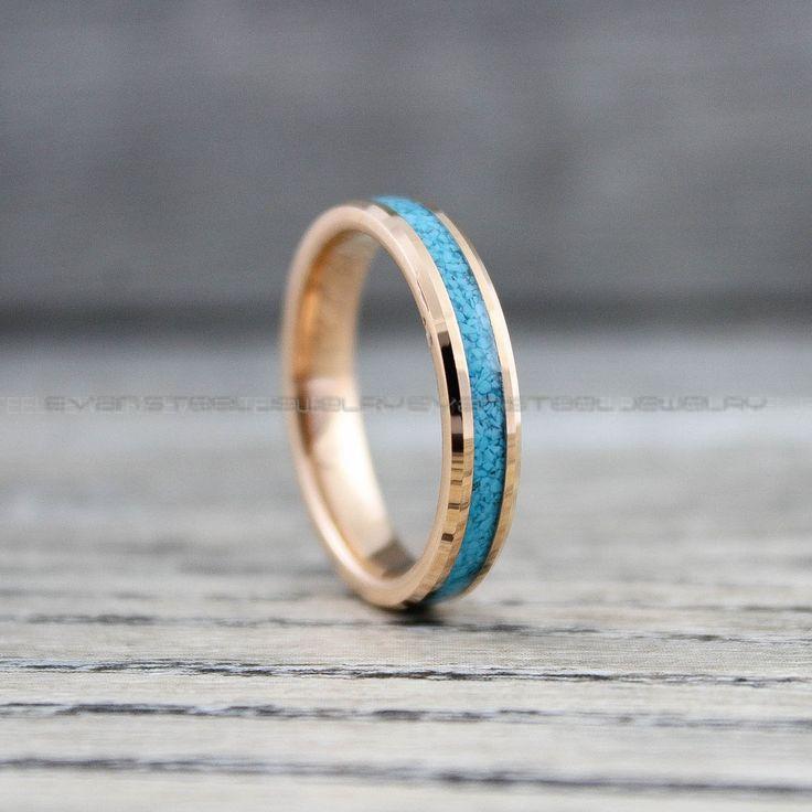 cffa8a50764c9569e9e2940611559558 Turquoise Ring, Turquoise Wedding Ring, Turquoise Wedding Band, Rose Gold Wedding Ring, Rose Gold Tungsten Band, Gold Tungsten Ring - Image 1