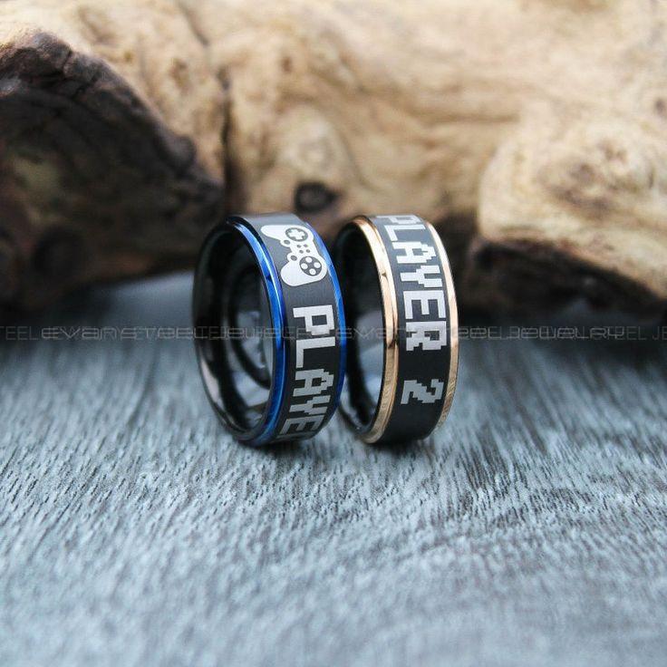 d00efbdc6c4b9344dfc0b0302f4e2a15 Gamer Rings, Couple Rings, 2 Piece Couple Set Black Tungsten Bands with Step Edge, Gamer Wedding Rings Gamer Bands Black Tungsten Gamer Ring - Image 1