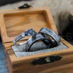 Damascus Steel Rings, Damascus Steel Wedding Rings, 3 Piece Couple Set Black Tungsten Bands .925 Sterling Silver Stone Engagement Ring