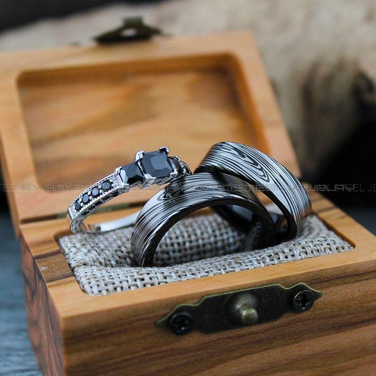 d096abb93feead32ae55b08a3ba7497e Damascus Steel Rings, Damascus Steel Wedding Rings, 3 Piece Couple Set Black Tungsten Bands .925 Sterling Silver Stone Engagement Ring - Image 1