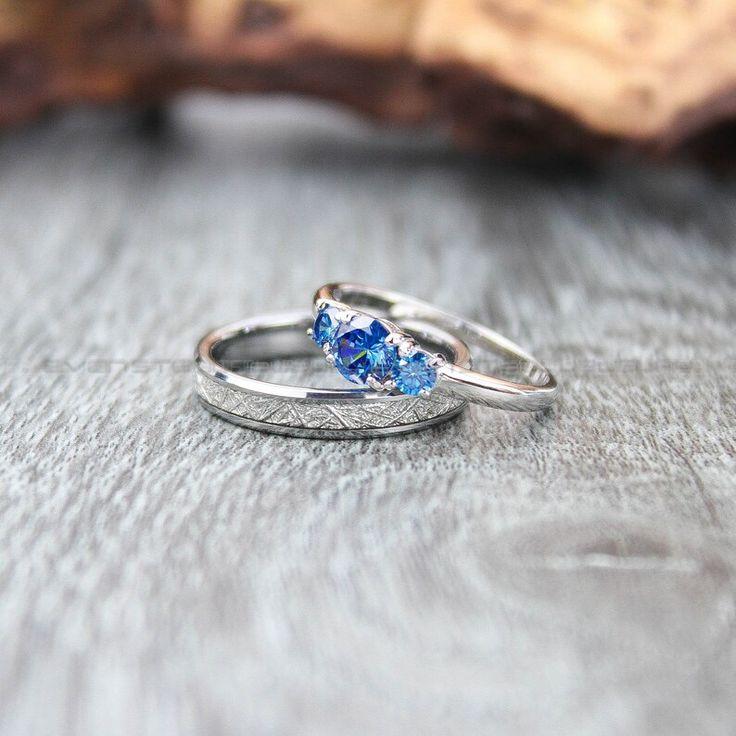 d2eea263dc17a7effd27b688b6428df5 Meteorite Ring, Silver Band, 2 Piece Bridal Set Silver Tungsten Band Meteorite Inlay & 3mm .925 Sterling Silver Three Stone Engagement Ring - Image 1