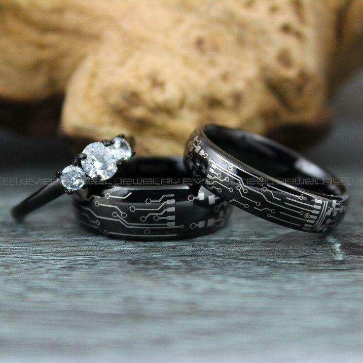 d756d81b2a06e9bc7511398f20a5ec0f Gamer Rings, Circuit Board Rings, 3 Piece Couple Set Black Tungsten Bands Circuit Board Pattern, Gamer Wedding Rings, Couple Wedding Bands - Image 1