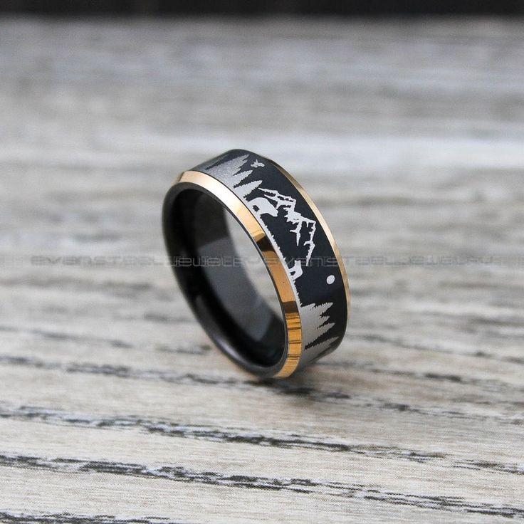daafceaa8fd73f81f7d9f89220e66452 Forest Ring, Mountain Range Ring, Boreal Forest Ring, 8mm Black Tungsten Ring, Fir Trees Ring, Outdoors Landscape Ring, Bear Ring, Wolf Ring - Image 1