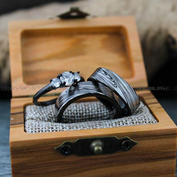 db3b54bf9b8a68faa09e29e9a0e10241 Damascus Steel Rings, Damascus Steel Wedding Rings, 3 Piece Couple Set Black Tungsten Bands .925 Sterling Silver Stone Engagement Ring - Image 1