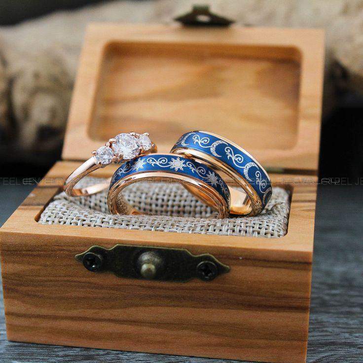 dcd8c98f76c91007f7c0fe3c37c5f0f9 Sun and Moon Rings, Couple Rings, 3 Piece Couple Set Rose Gold Tungsten Bands, Matching Wedding Rings, Sun and Moon Wedding Bands, Sun Ring - Image 1